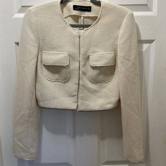 Zara jacket removable Woven Knit Peplum hem cream tweed blazer size Medium - Picture 8 of 10